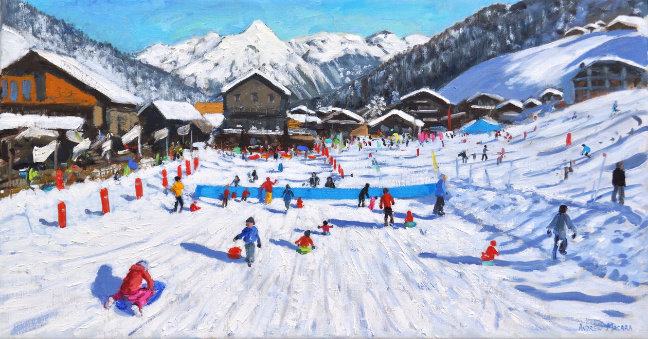 Děti sáňkování, Les Gets, Francie, od Andrew Macara