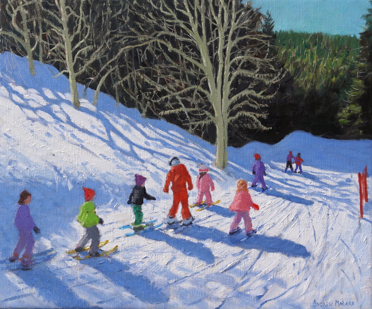 Dětská lyžařská lekce,Courchevel to La Tania,20"x24",2019 (olej na plátně). od Andrew Macara