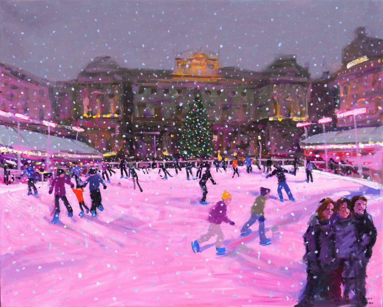 Vánoční bruslení, Somerset House s růžovými světly, 2014 (olej na plátně) (aktualizovaný obrázek) od Andrew Macara