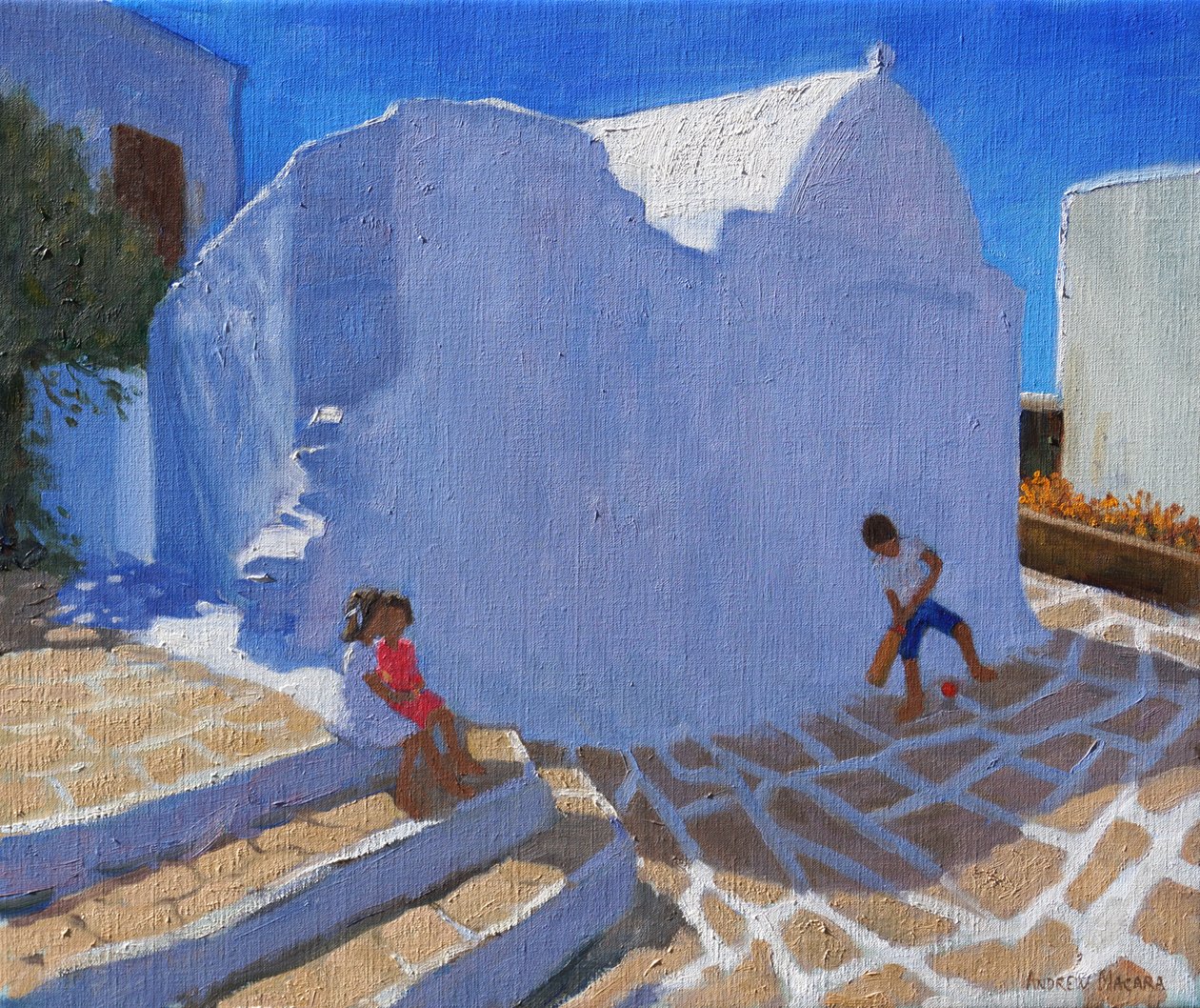 Cvrček u zdi kostela, Mykonos ( olej na plátně) od Andrew Macara