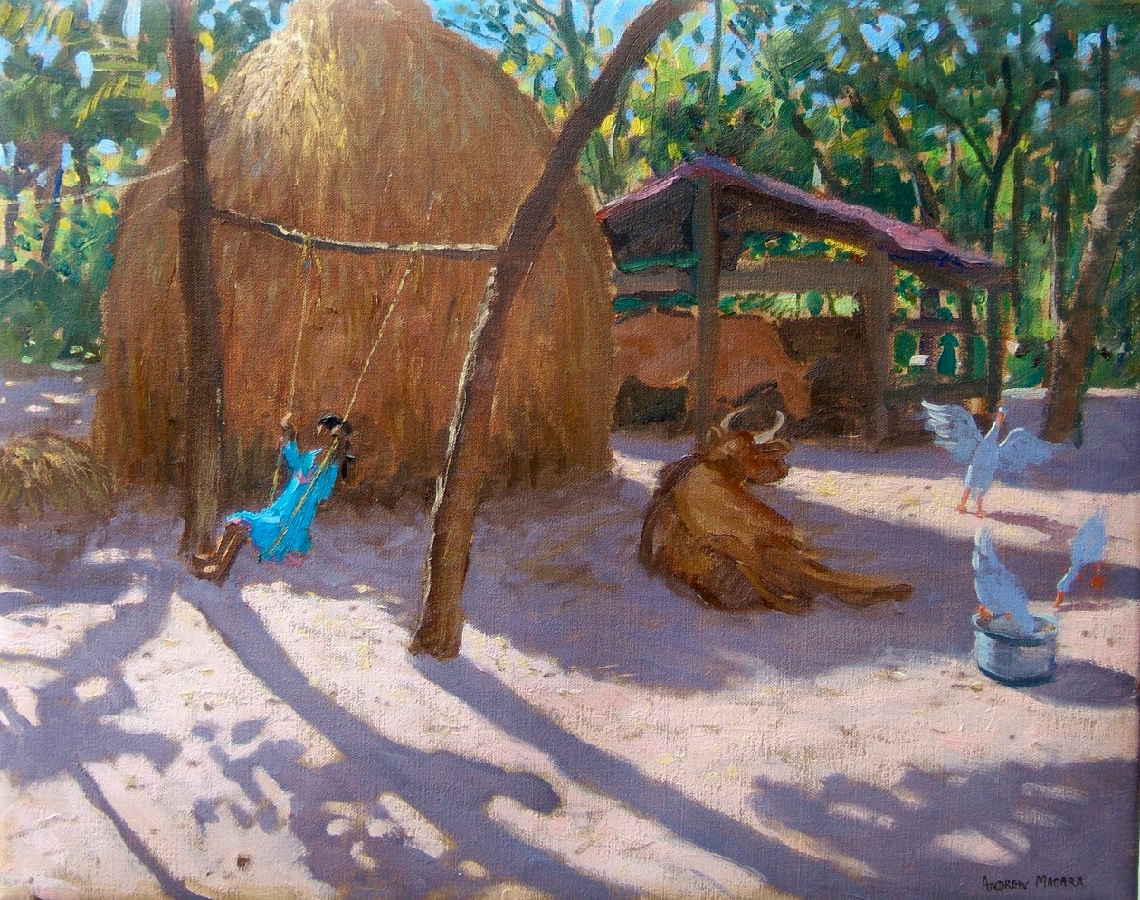 Kupka sena a dívka na houpačce, Kérala (olej na plátně) od Andrew Macara