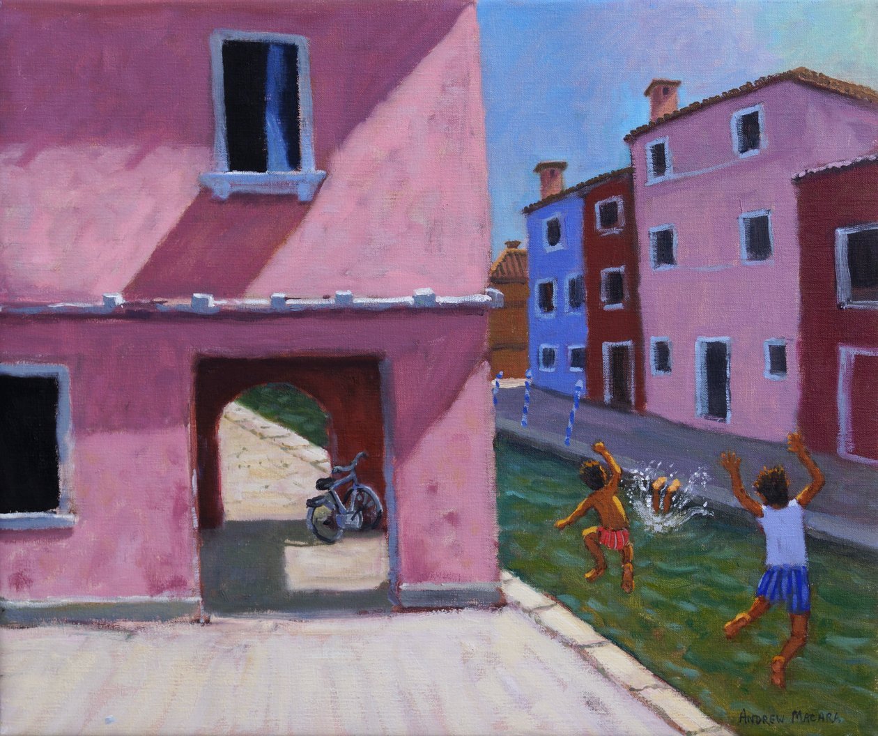 Skok do kanálu, Murano, Benátky, 2021 (olej na plátně) od Andrew Macara
