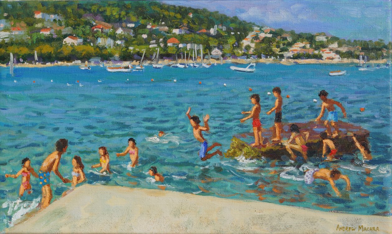 Skákání ze skal; Cinque Terre, Positano, Itálie, 2000 (olej na plátně) od Andrew Macara