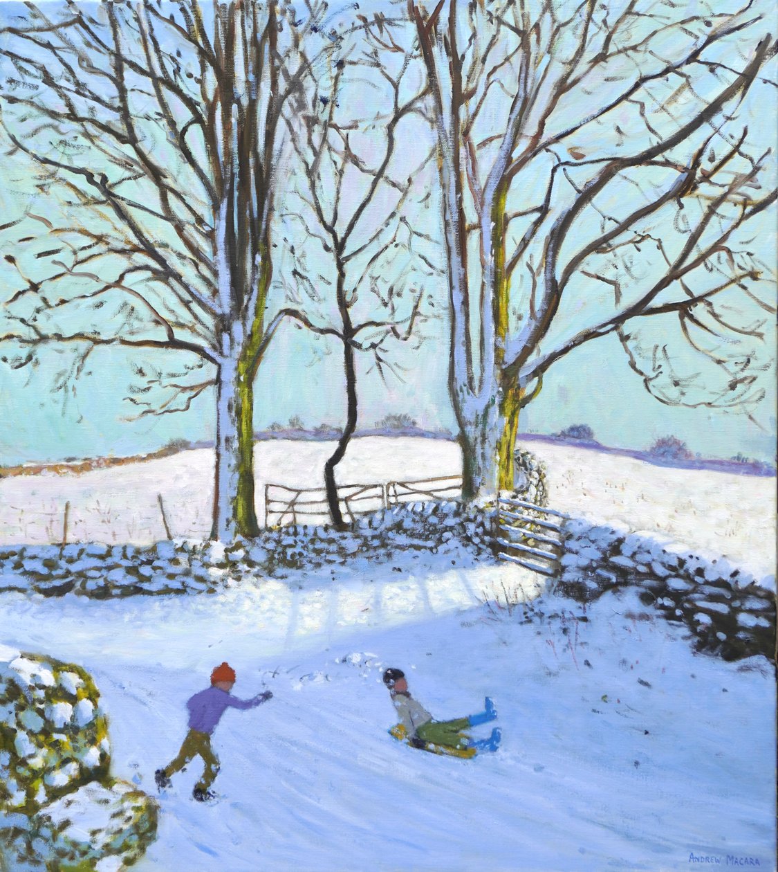 Velké stromy a sáňkaři, Derbyshire, 2023 (olej na plátně) od Andrew Macara