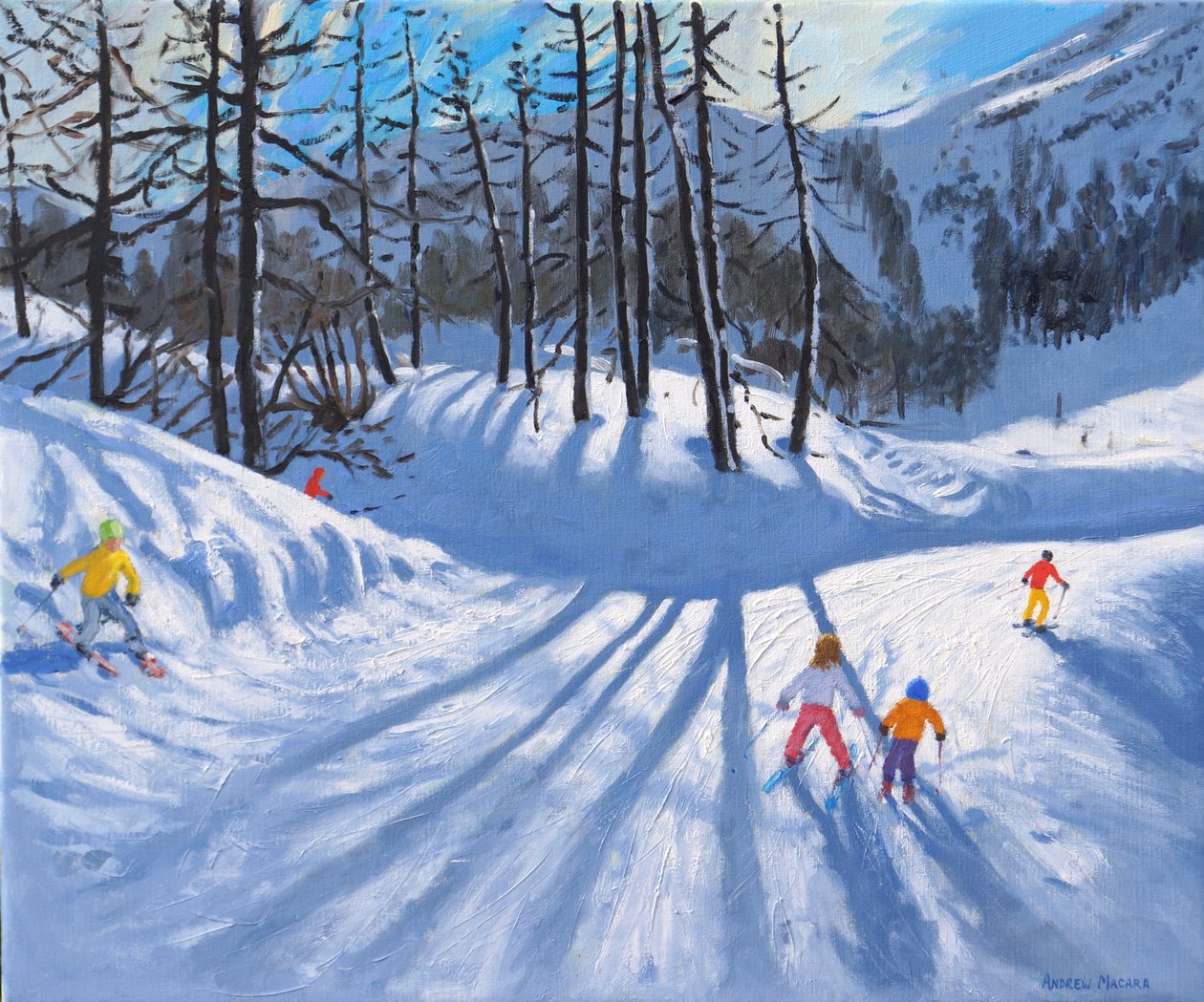 Dlouhé stíny stromů a lyžaři, Tignes, 2016-2019, (olej na plátně) od Andrew Macara