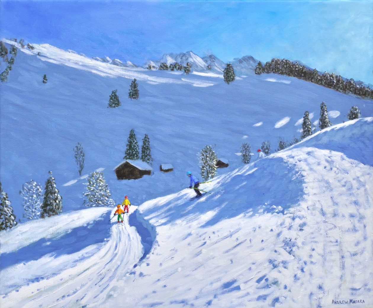 Ranní lyžování, La Clusaz, Francie, 2018 (olej na plátně) od Andrew Macara