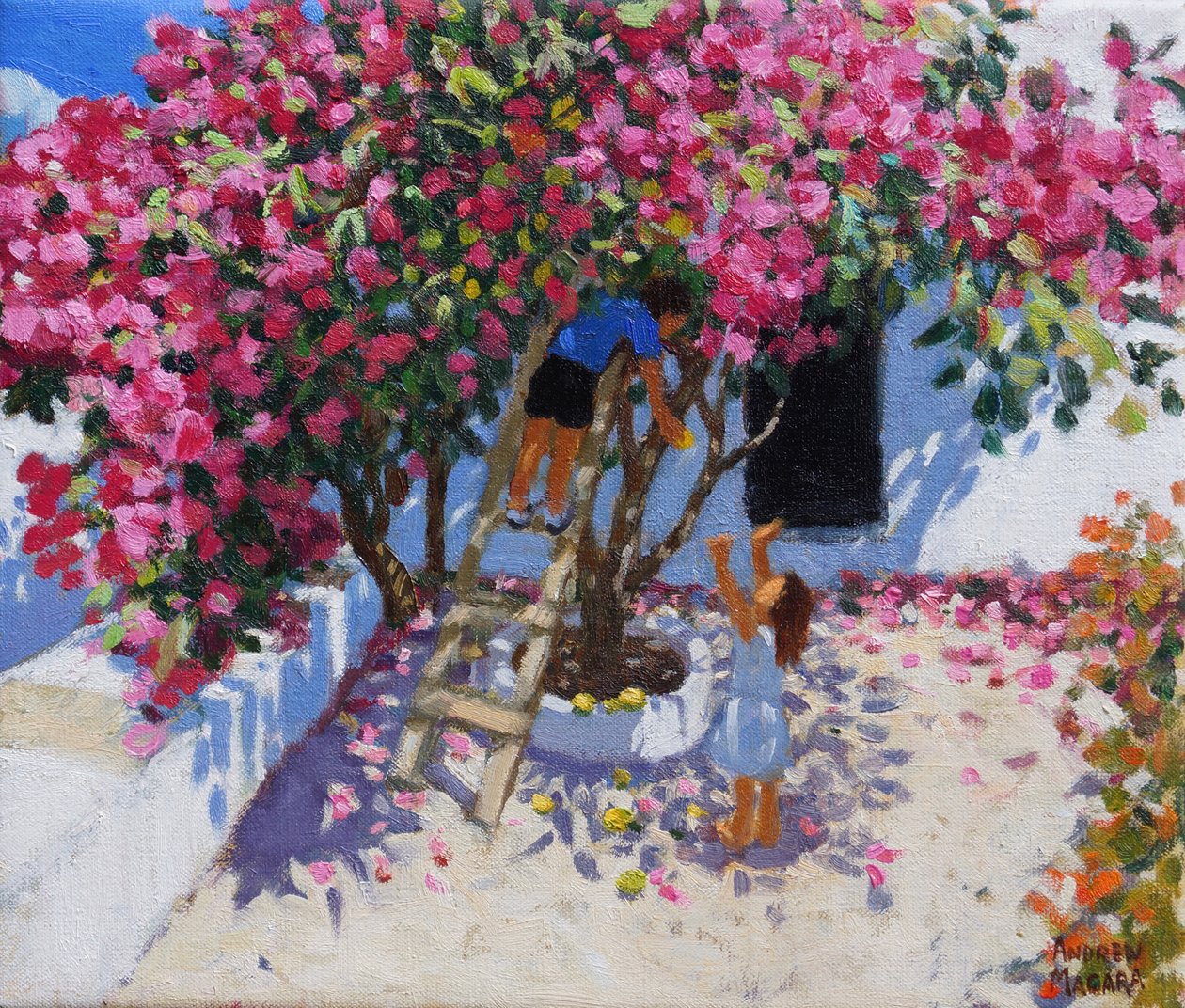 Sbírání citronů, Skiathos, Řecko, 2021, (olej na plátně) od Andrew Macara