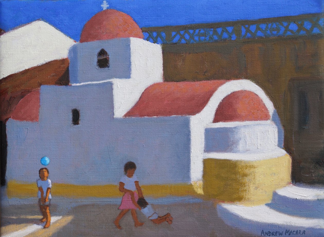 Hraní u církve, Karpathos, Řecké ostrovy, (olej na plátně) od Andrew Macara