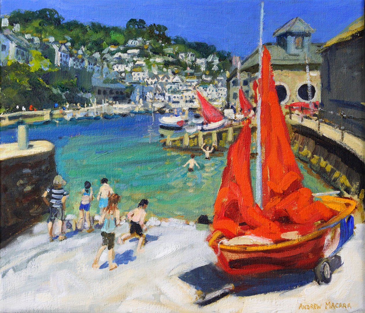 Hra v přístavu, Looe, Cornwall, 2012 (olej na plátně) od Andrew Macara