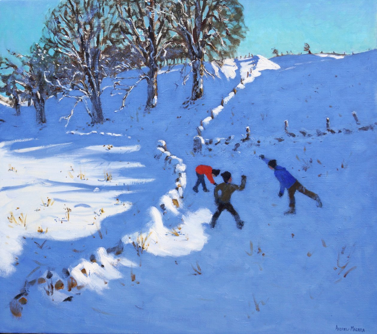 Hraní ve sněhu Youlgrave, Derbyshire, 2016, (olej na plátně) od Andrew Macara
