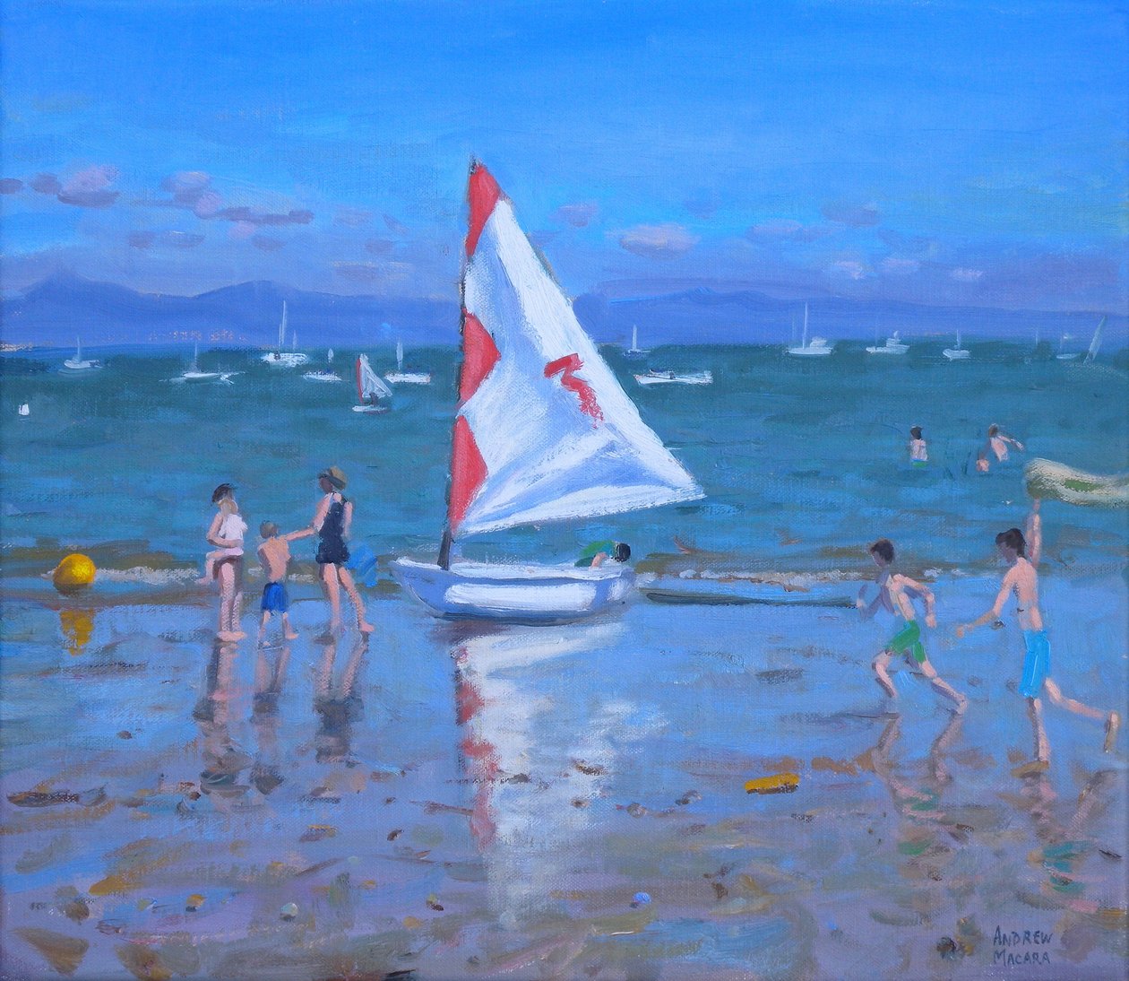 Červenobílá plachetnice ,Abersoch (olej na plátně) od Andrew Macara