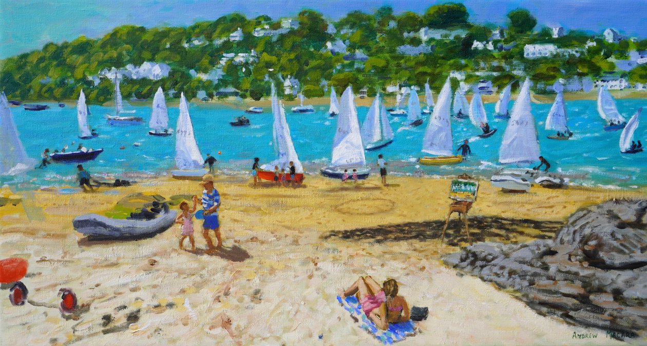 Salcombe Regatta a umělecký stojan, 2023 (olej na plátně) od Andrew Macara
