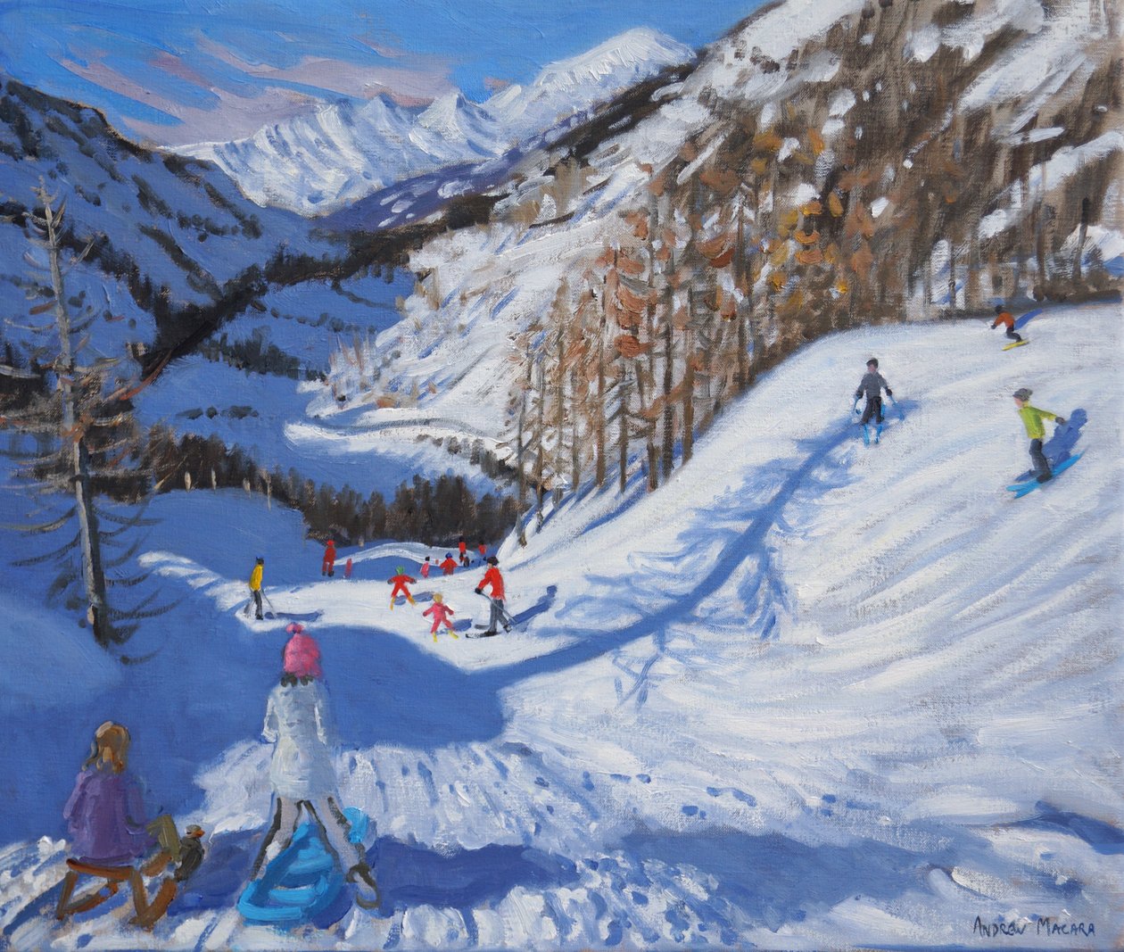 Stín jedle a lyžaři Tignes.2014,(olej na plátně) od Andrew Macara