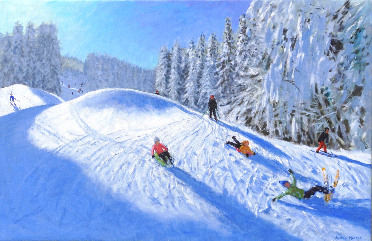 Lyžování v Morzine, Francie, 2023 (olej na plátně) od Andrew Macara