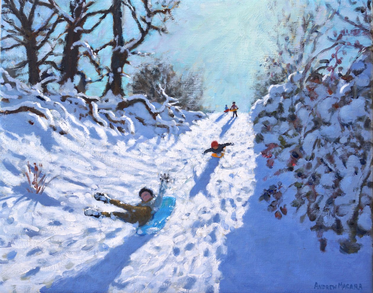 Sáňkování, Calke Abbey, Ticknall, Derby, 2021 (olej na plátně) od Andrew Macara