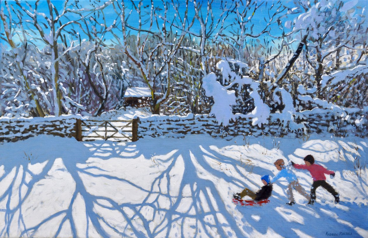 Sáňkování, Gambols Lane, Dovehead, High Peak, Derbyshire, 2021 (olej na plátně) od Andrew Macara