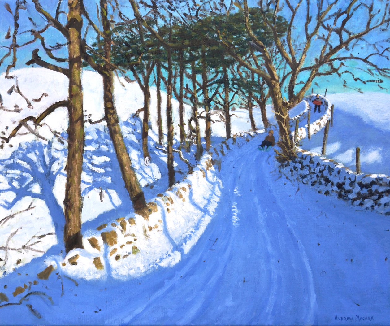 Sáňkování v Derbyshire Peak District, 2023 (olej na plátně) od Andrew Macara