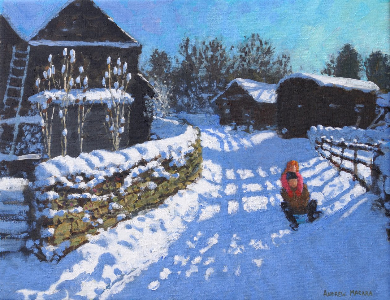 Sáňkování, poblíž Wintercroft Lane poblíž Dovedale a Thorpe. Ashbourne, 2021 (olej na plátně) od Andrew Macara