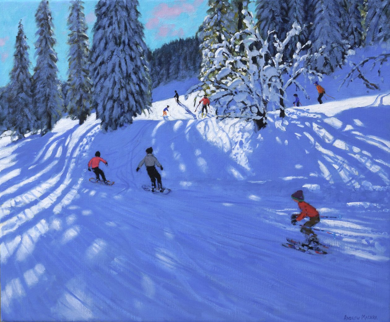 Snowboardisté a lyžaři, Morzine, Francie, 2022 (olej na plátně) od Andrew Macara