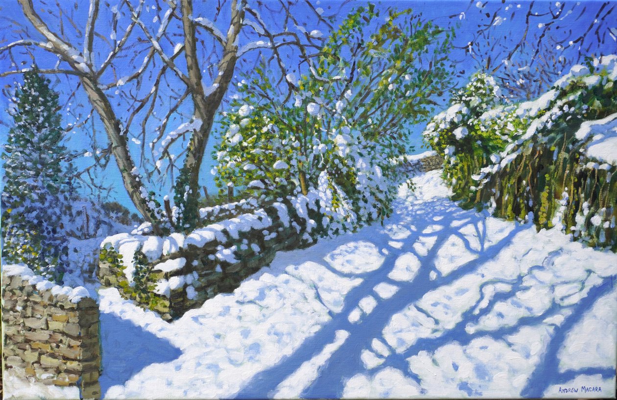 Jarní sníh, Wirksworth, Derbyshire, 2023 (olej na plátně) od Andrew Macara