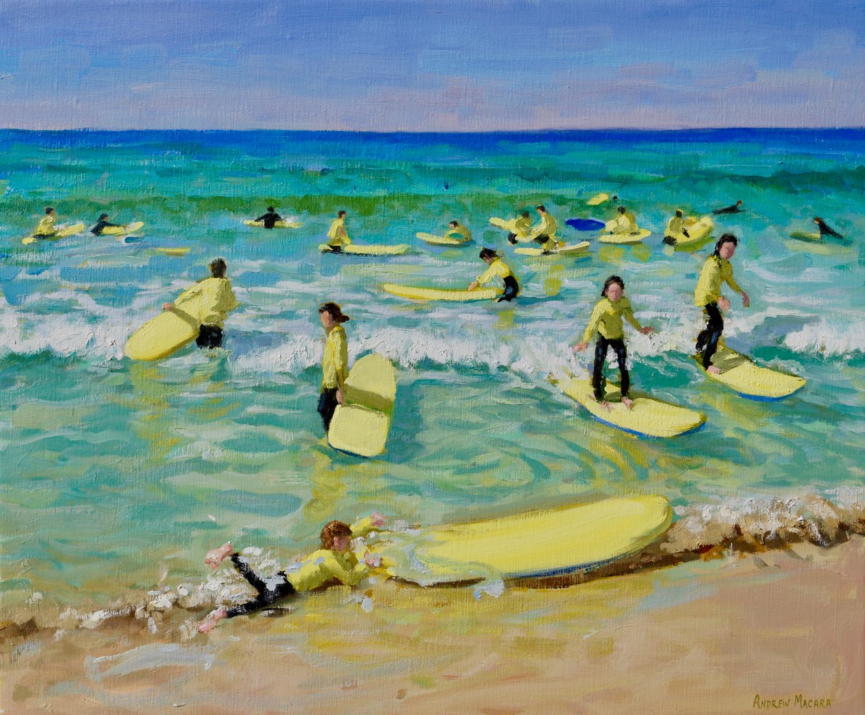 Letní surfování, St Ives. 25x30", 2019 (olej na plátně) od Andrew Macara