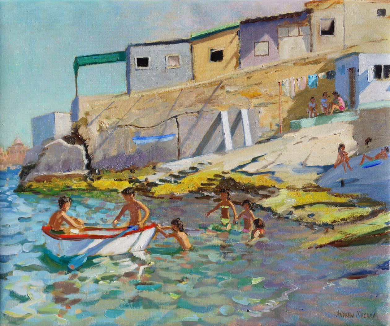 Veslice, Valetta, Malta, 2015,(Olej na plátně) od Andrew Macara