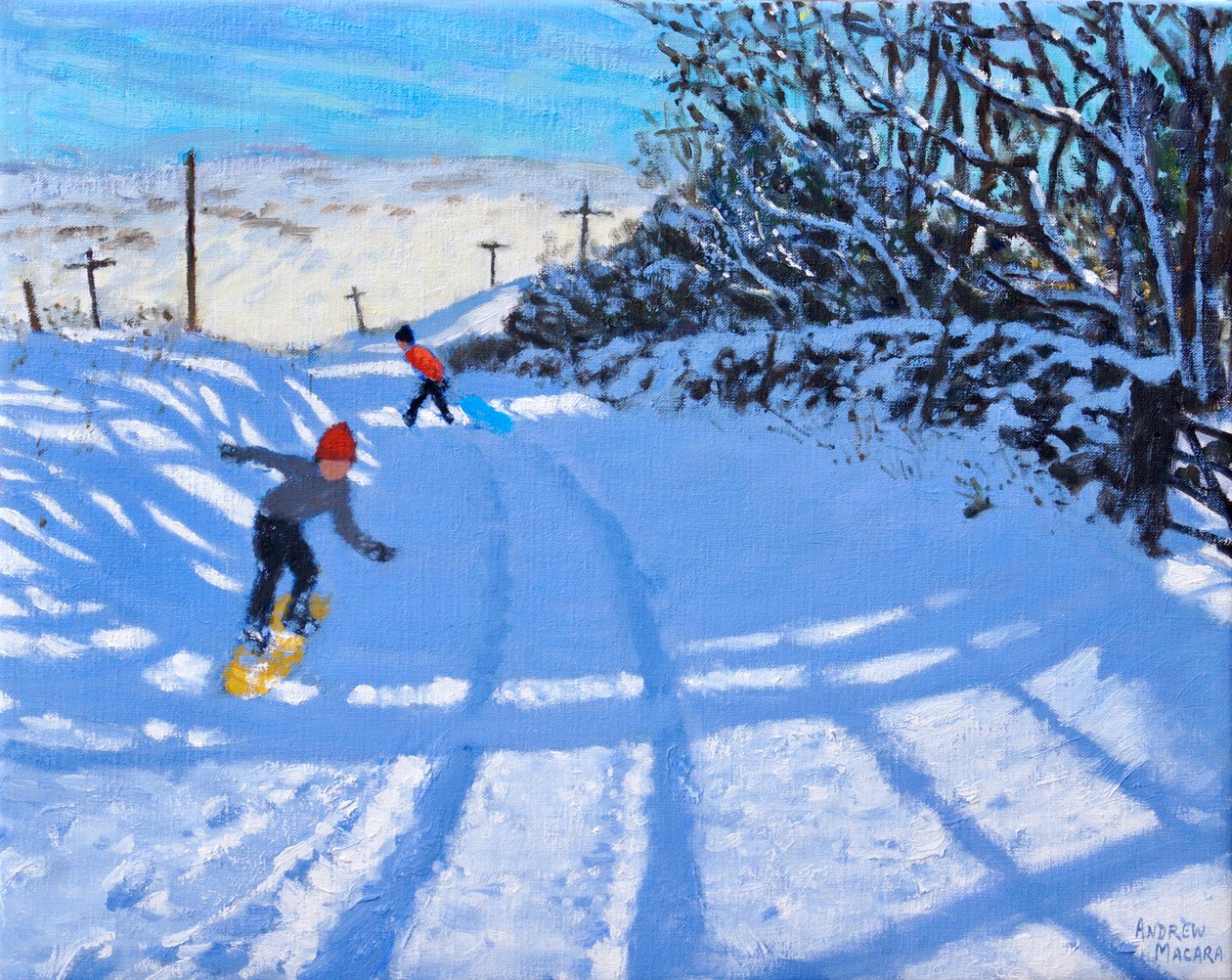 Snowboardista, Dove Head, Derbyshire, olej na plátně) 2021 od Andrew Macara