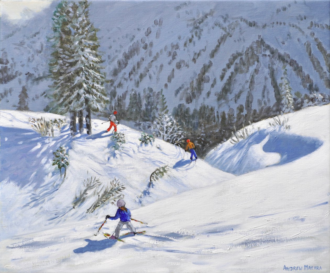 Tři lyžaři, Kitzbuehel, Rakousko, 2024 (olej na plátně) od Andrew Macara