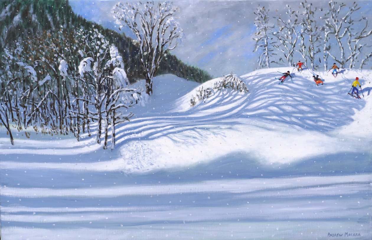Stíny stromů a lyžaři, Tignes, Francie (olej na plátně) od Andrew Macara