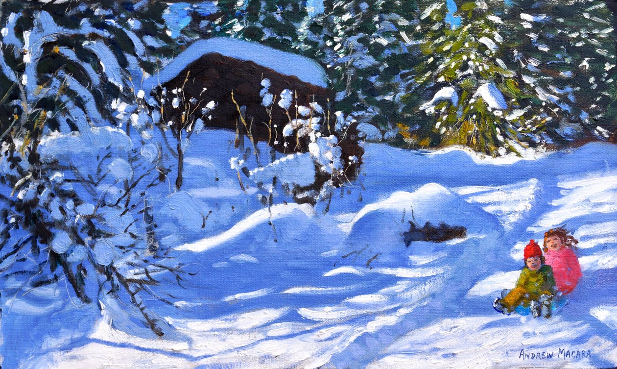 Dva na saních, Orchard, Morzine, (olej na plátně) od Andrew Macara