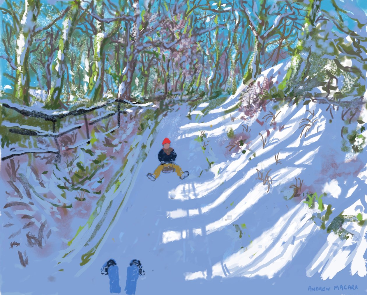 Malování na iPadu, Sáňkování, Windley Lane, Idridgehay, Belper, 2021, k dispozici výtisky. od Andrew Macara
