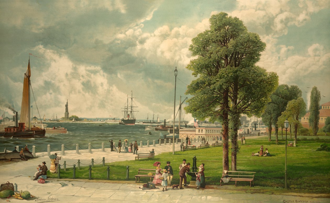 Castle Garden, New York, hospoda. 1887 (barevná litografie) od Andrew Melrose