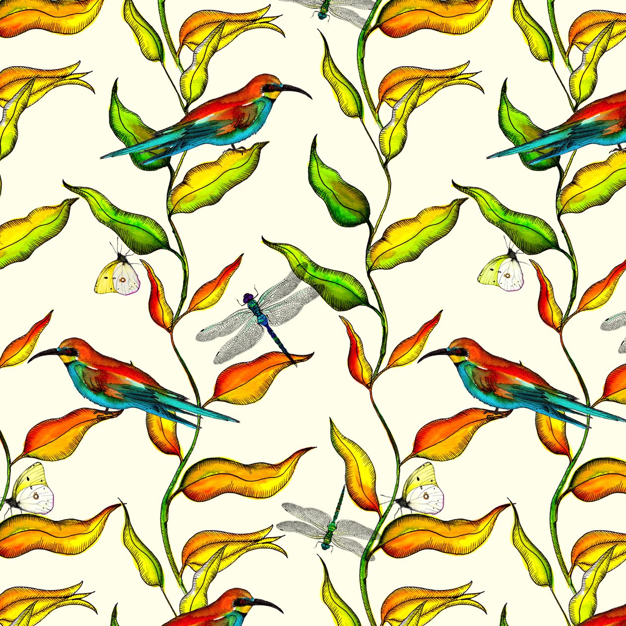Bee Eaters, 2017, akvarel a inkoust od Andrew Watson