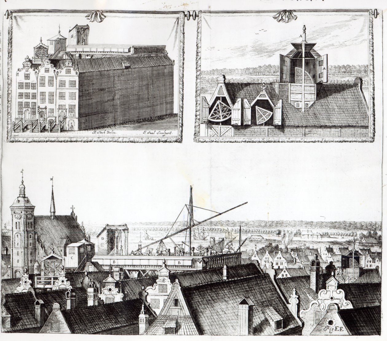 Sternenburgova observatoř, ilustrace z ‚Machina Coelestis‘ od Johanna Heveliuse, rytý Izaak Saal, 1674 od Andrzej Stech