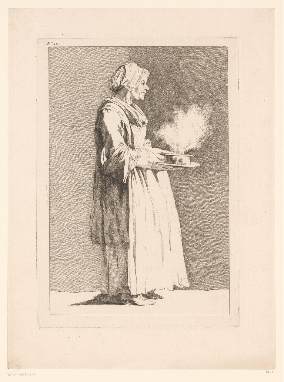 Karikatura ženy s jídlem Karikatury podle J. Salyho (název série) Recueil de caricatures dessinées Par J. Saly et Gravées par A.L. DeLalive D.J. (název seriálu) od Ange Laurent de, marquis de Rémoville Lalive