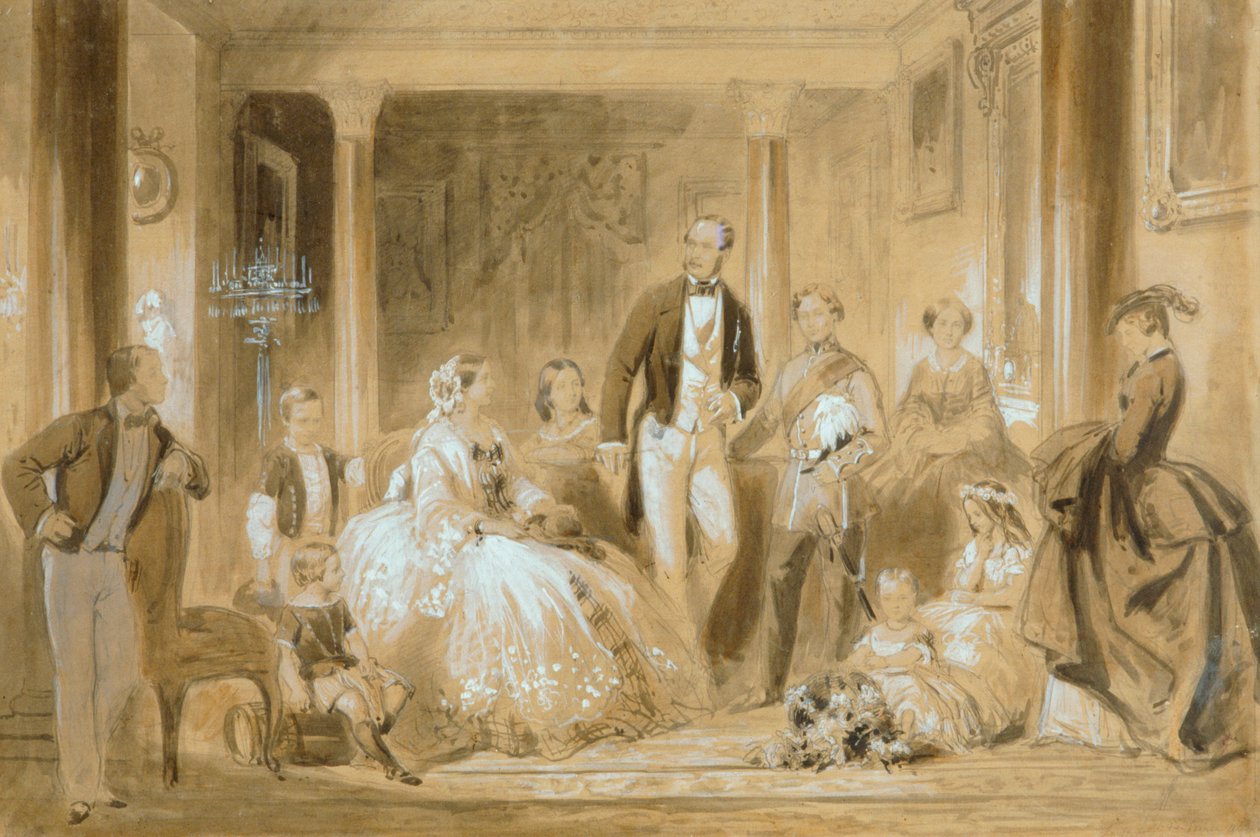 Královská rodina v jídelně v Osborne House (tužka s mytím na papíře) od Ange Louis (1815 72) Janet