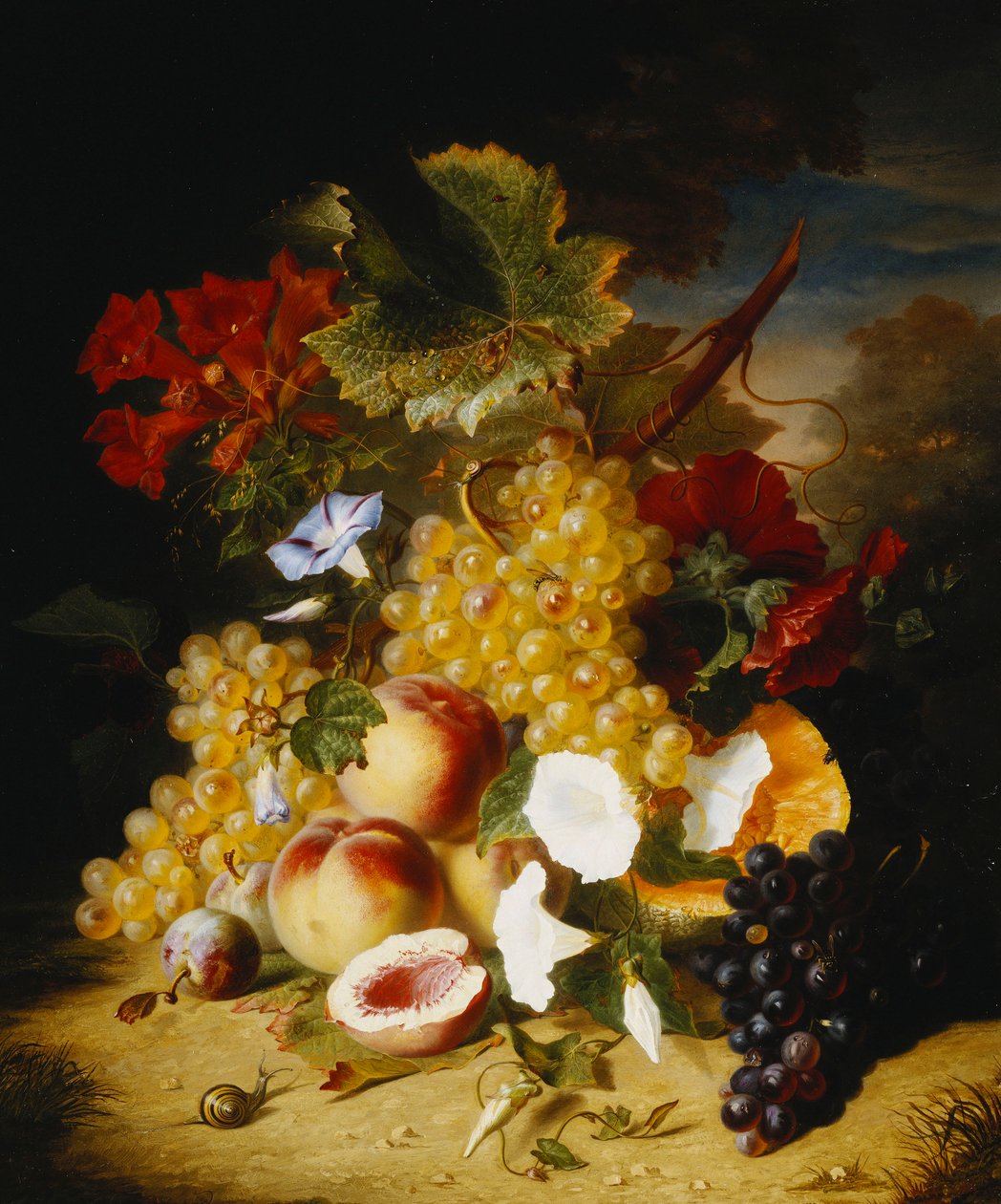 Broskve, hrozny, meloun, konvulvuly a další květiny v krajině, od Ange Louis Guillaume Lesourd Beauregard