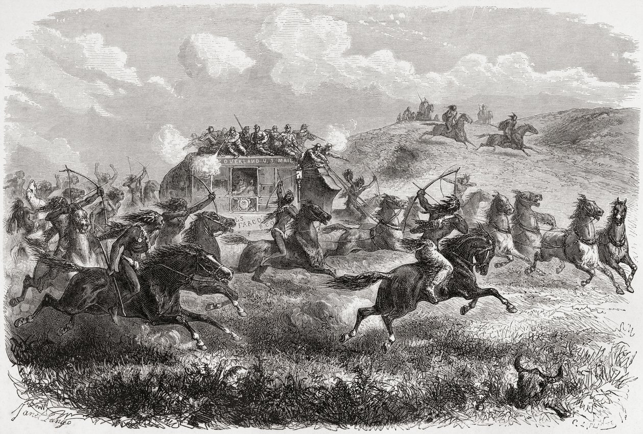 Indiáni útočící na transkontinentální dostavník v roce 1867, ilustrace ze „Světa v rukou“, vyrytý Charlesem Laplantem († 1903), vydáno 1878 od Ange Louis Janet