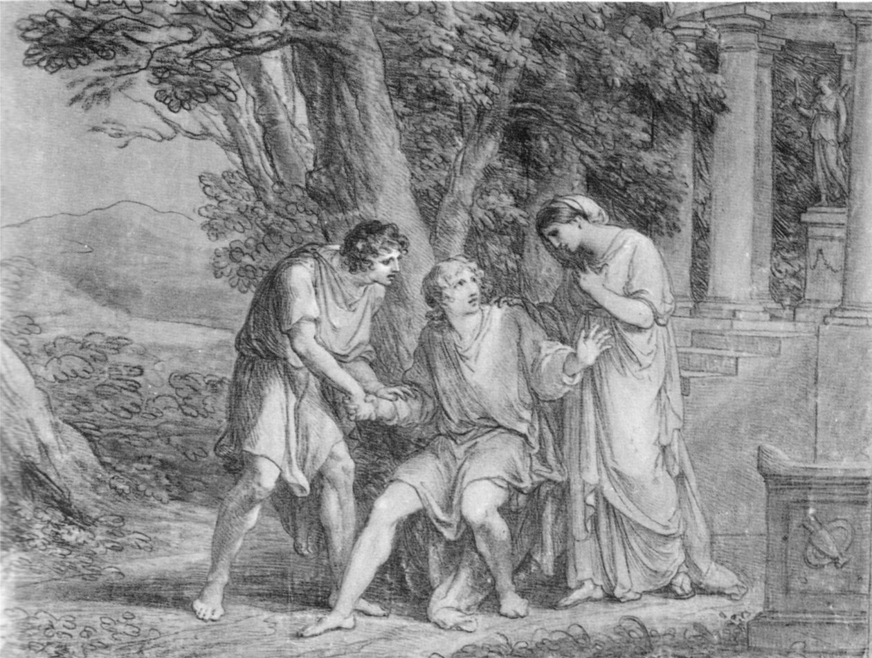 Třetí dějství, třetí scéna z Goethovy Ifigenie v Taurisu. Výkres. Premiéra finální verze hry ve Výmaru v roce 1802. Goethe, hrající Orestes, sedící uprostřed od Angelica Kauffmann