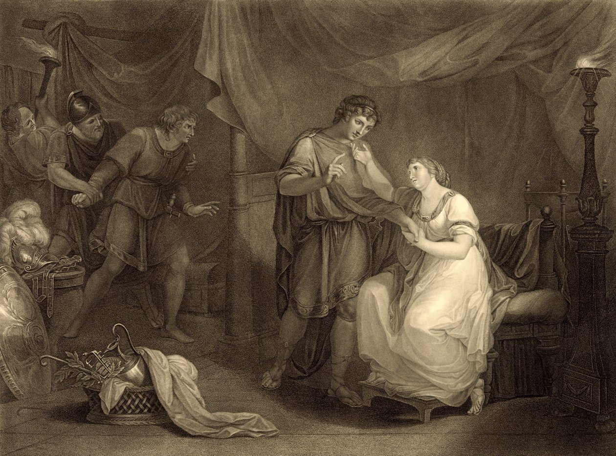 V Calchasově stanu, V. dějství, scéna II, z „Troilus a Cressida“ od Williama Shakespeara (1564-1616), vyryto Luigi Schiavonetti (1765-1810) od Angelica Kauffmann