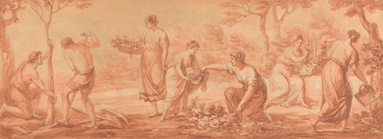 Vlys: Muži pěstují stromy, ženy shromažďují květy a zalévání květin od Angelica Kauffmann