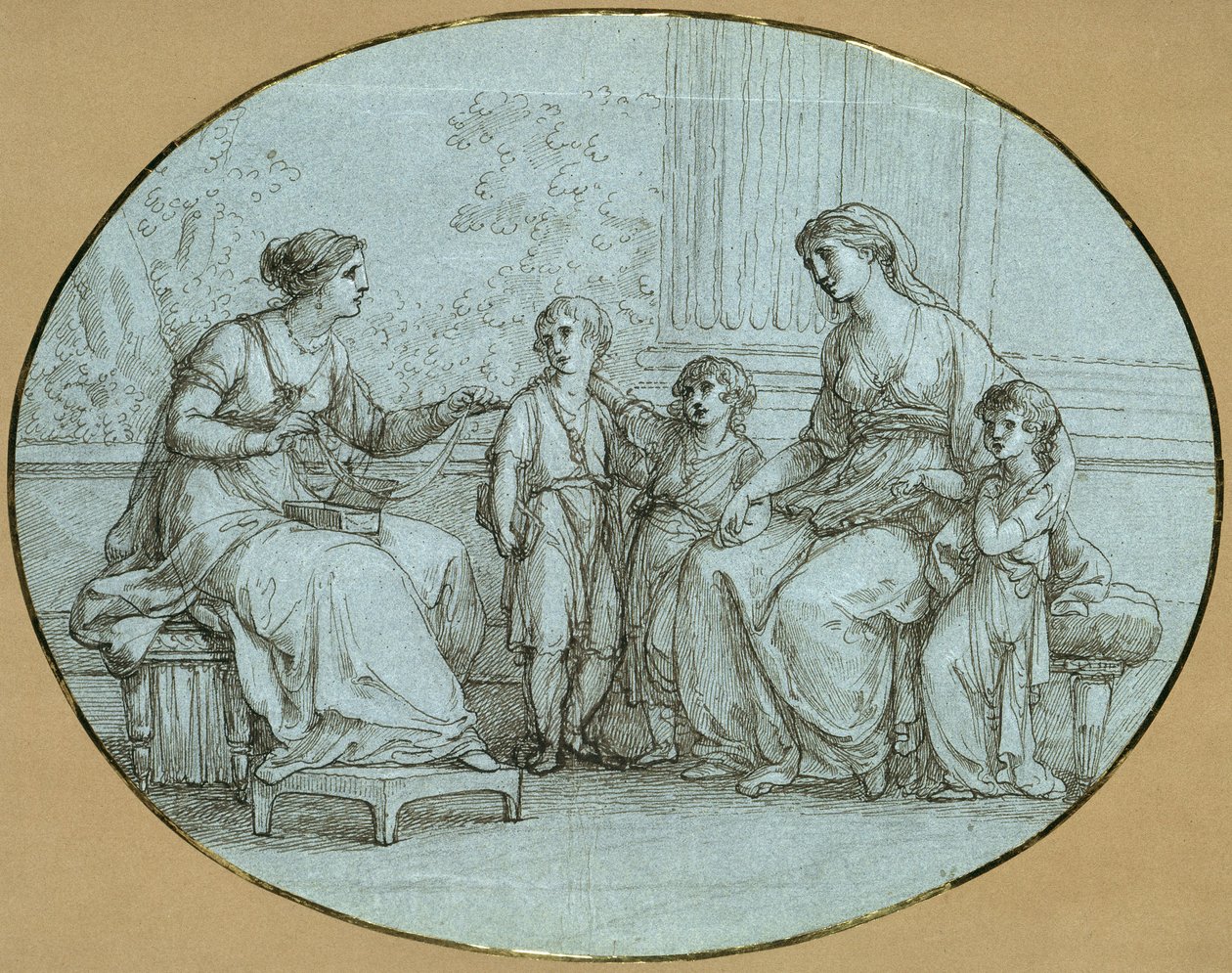 Cornelia, matka Gracchů, sedí (vpravo) naproti bohaté Římance, které ukazuje své tři děti jako svůj nejcennější majetek od Angelica Kauffmann