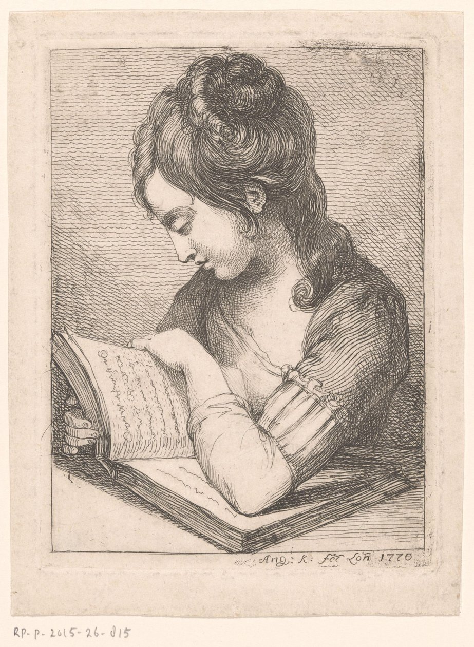 Mladá žena čte u stolu, opřela se loktem o knihu od Angelica Kauffmann