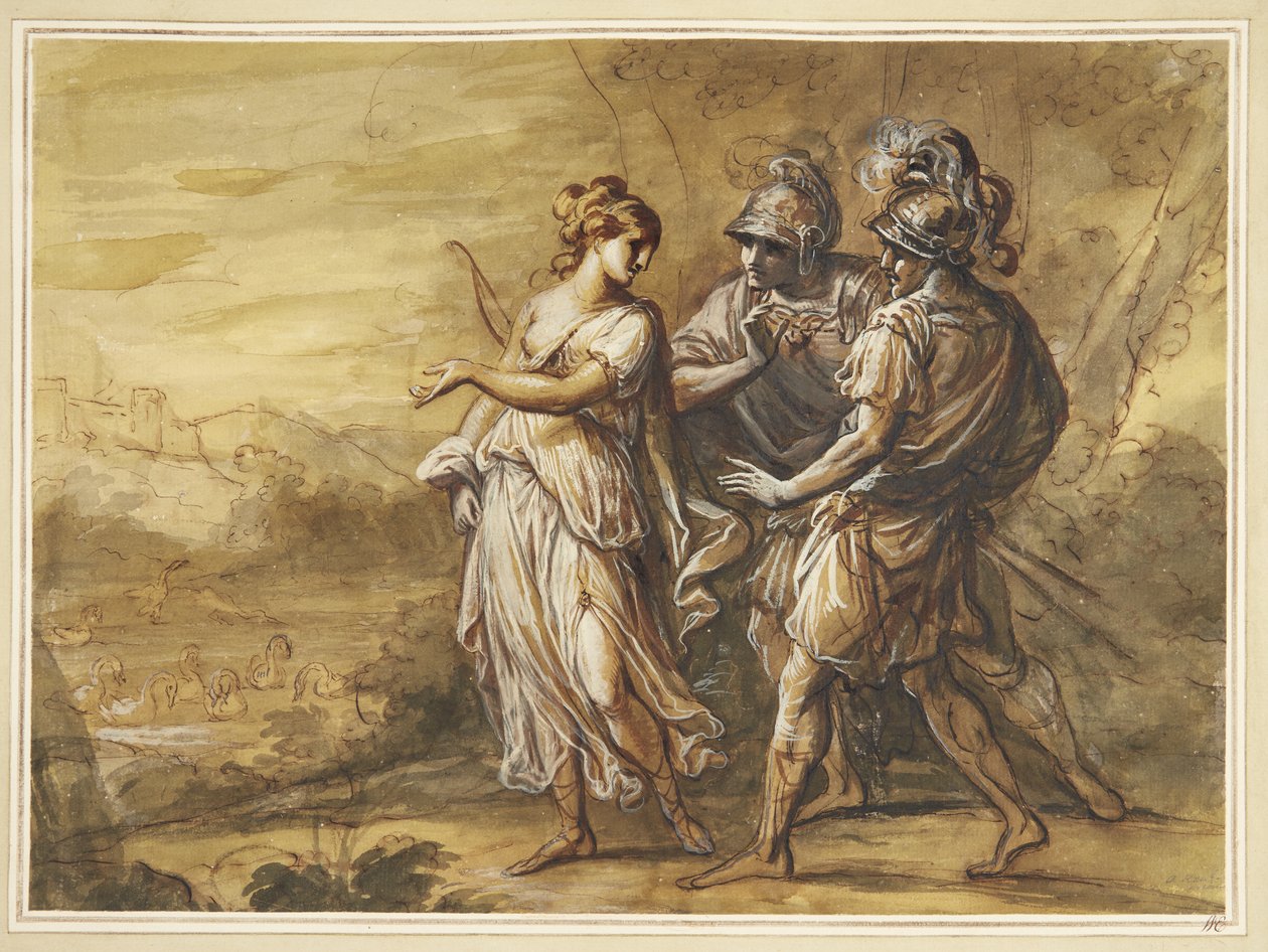 Mytologická scéna. Mladá žena s lukem čelí dvěma ozbrojeným mužům od Angelica Kauffmann