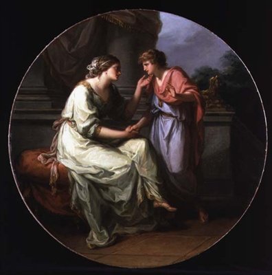 Papirius Pratextatus Vyzván svou matkou, aby odhalil tajemství jednání římského senátu (olej na plátně) od Angelica Kauffmann