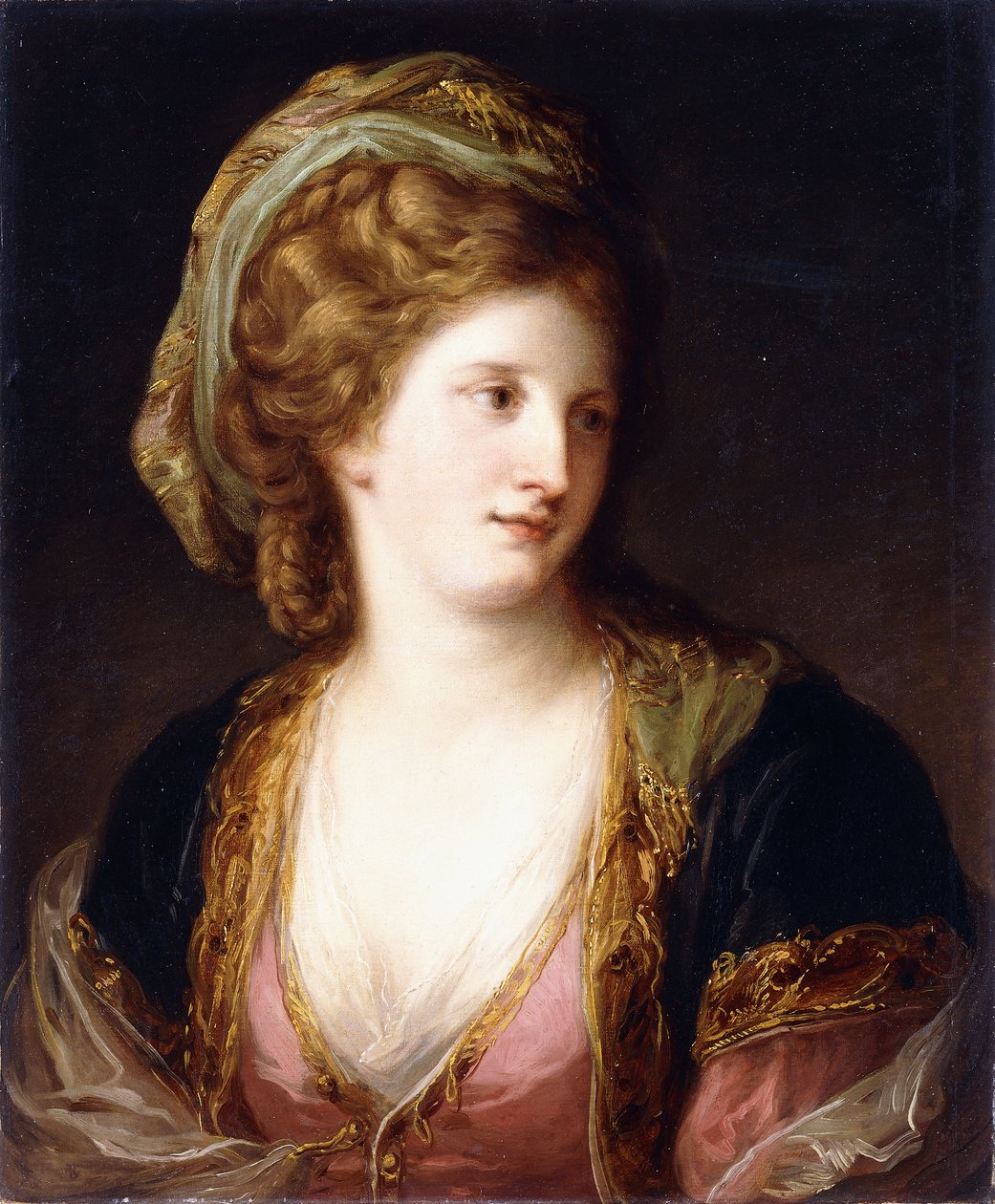 Portrét umělce, délka přes prsa, na sobě růžové šaty a zlatý vyšívaný modrý hábit, 1767 od Angelica Kauffmann