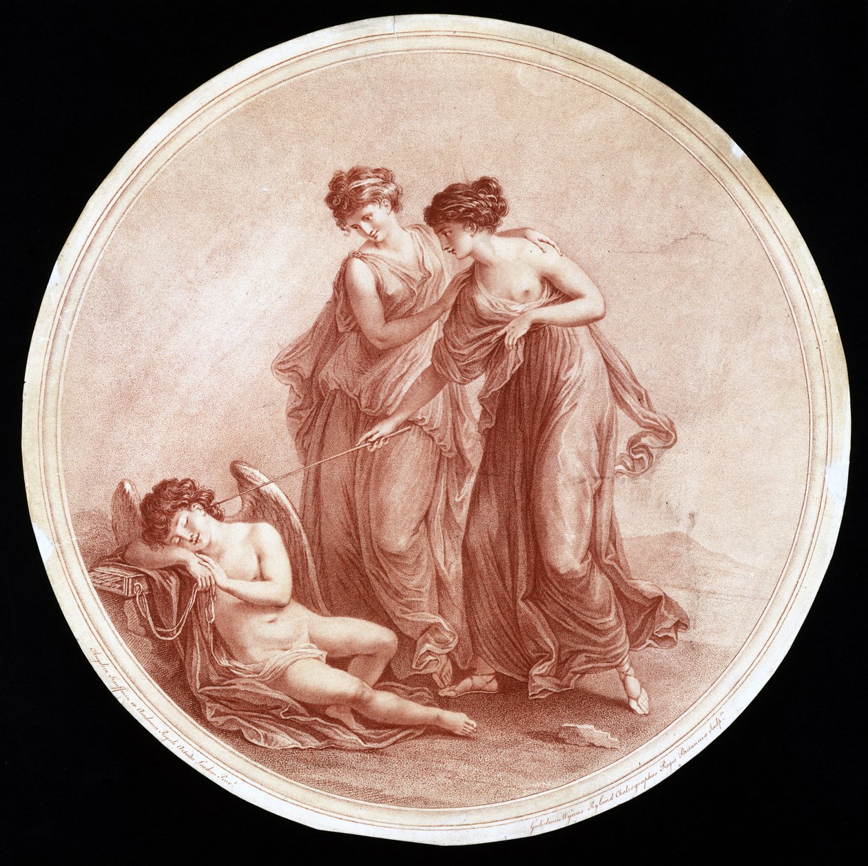 Graces Awakening Cupid, vyrytý William Wynne Ryland (1732-83) 1776 (červená tečkovaná rytina) od Angelica after Kauffmann