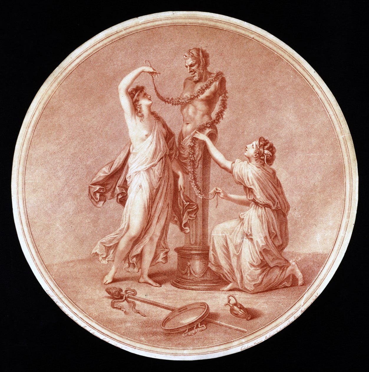 Nymfy zdobící sochu Pana, vyryté Williamem Wynne Rylandem (1732-83) 1776 (červená tečkovaná rytina) od Angelica after Kauffmann