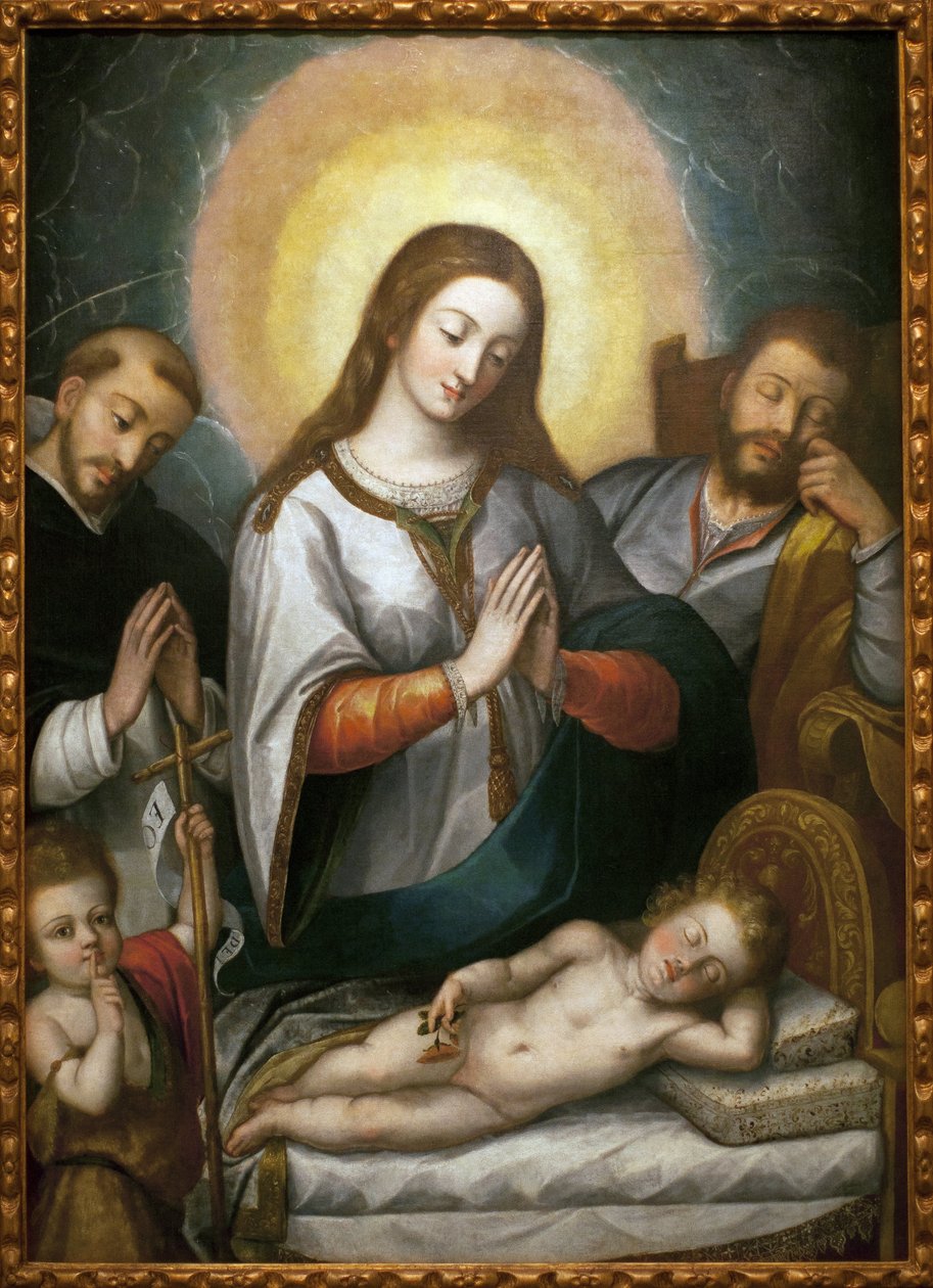 Svatá rodina se svatým Janem Křtitelem a svatým Dominikem. Obraz Angelino Medoro (1576-1633), olej na plátně od Angelino Medoro