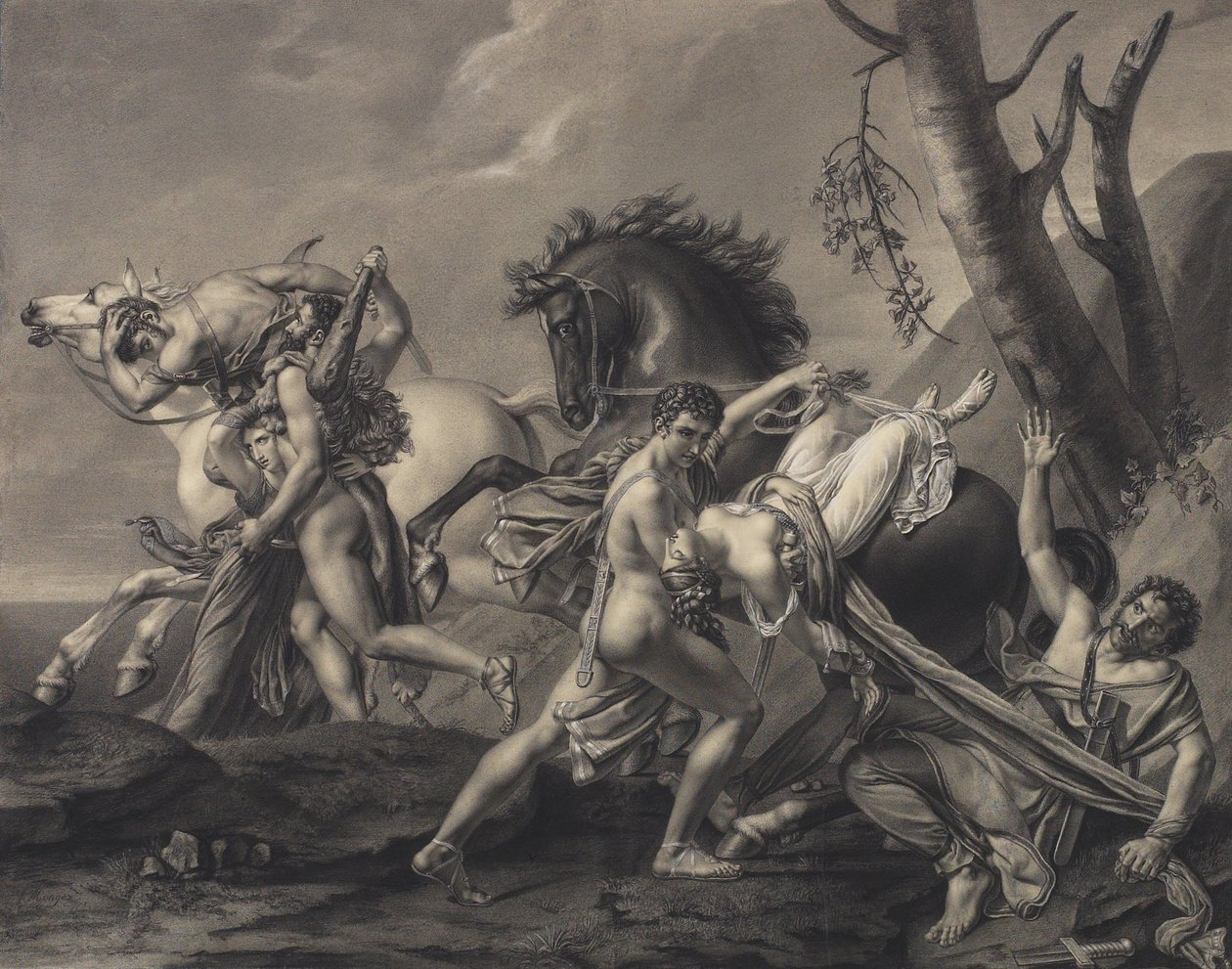 Theseus a Pirithoüs čistí Zemi od banditů, vysvobodí dvě ženy z rukou jejich únosců od Angelique Mongez